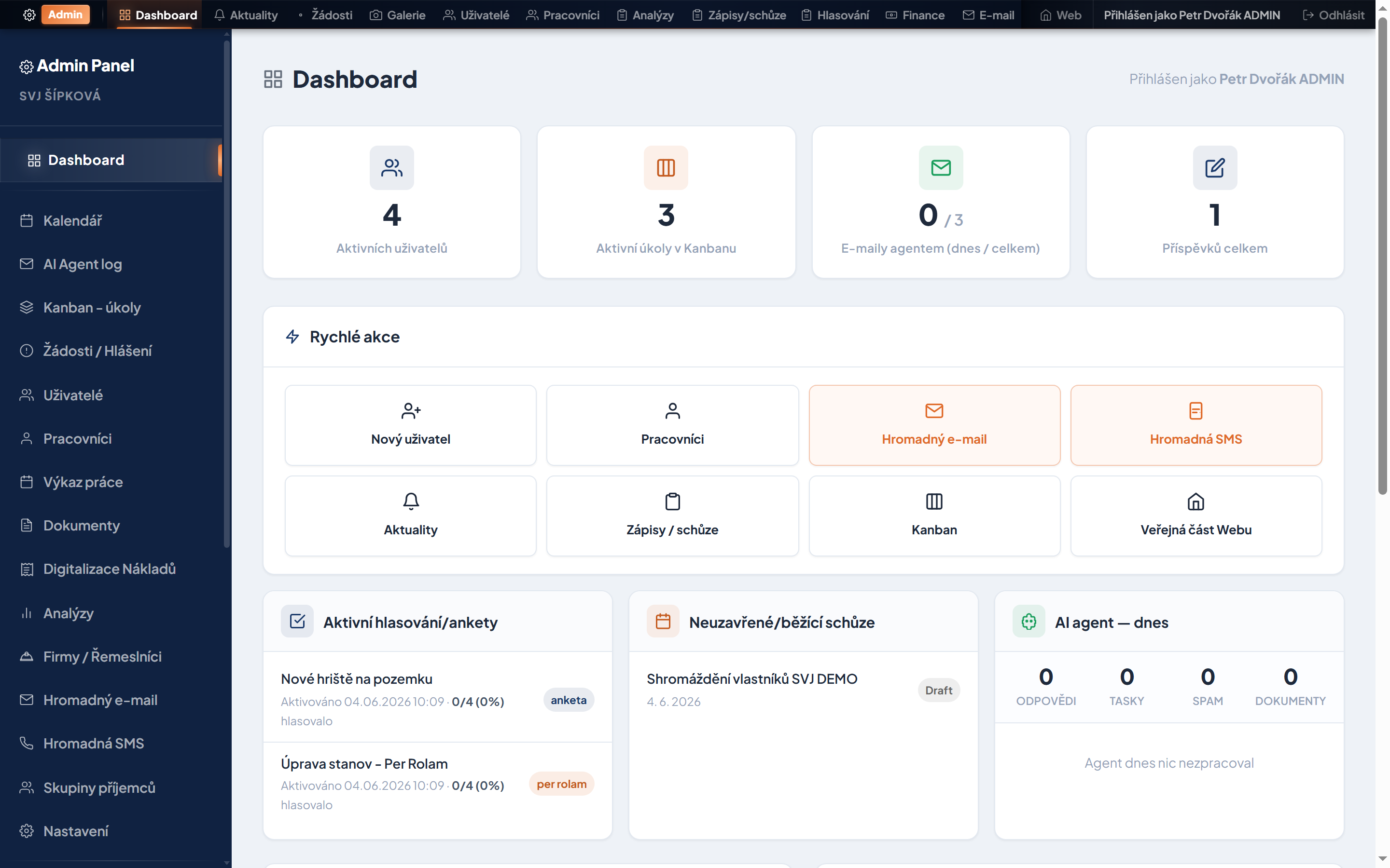 Přehledový dashboard výboru v aplikaci AIpředseda — statistiky, rychlé akce, aktivní hlasování a AI agent