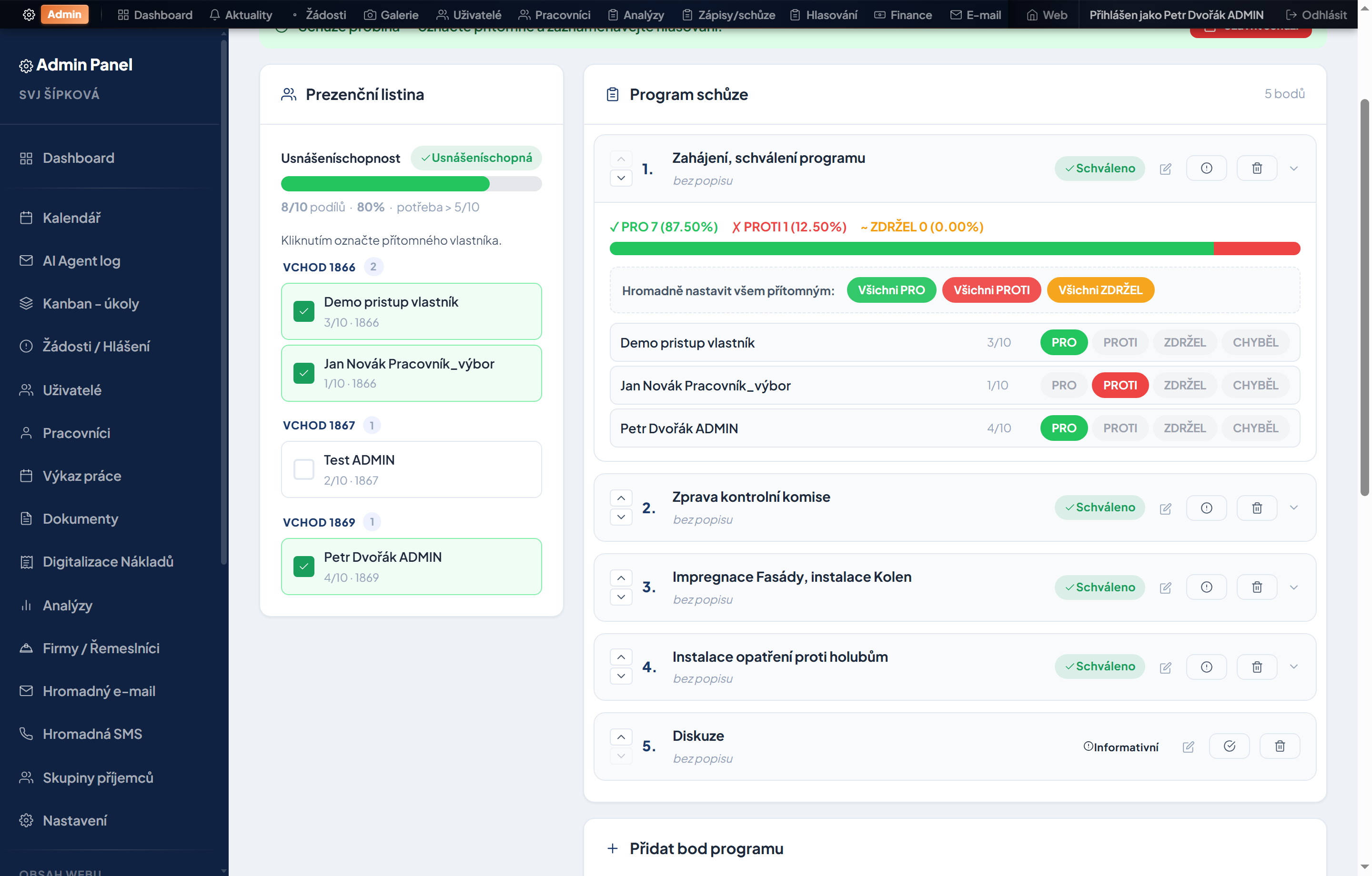 Vedení schůze online v aplikaci AIpředseda — prezenční listina s usnášeníschopností a program schůze s hlasováním po bodech
